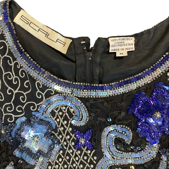 SCALA 100% Silk Beaded Sequined High Neck Back Slit Evening Gown M 179K - Picture 10 of 11